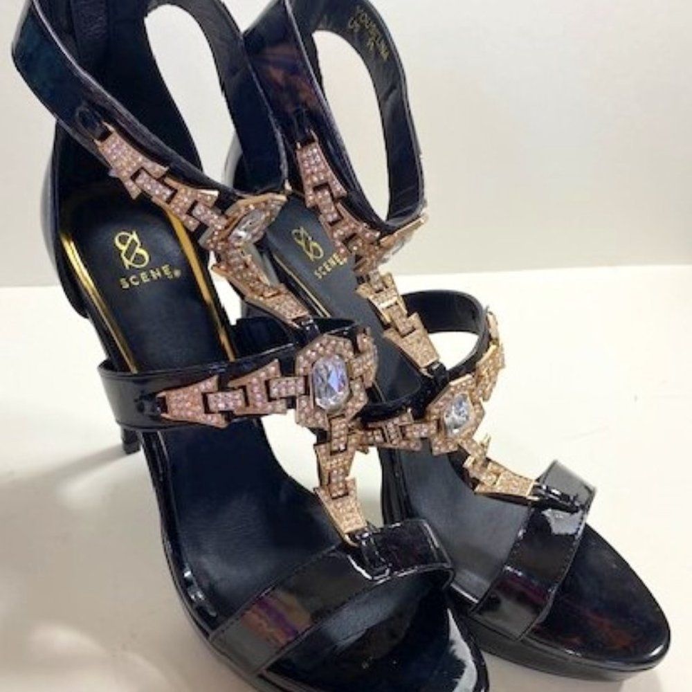 Youselina Black Heels with Metallic and Gem Embellishments
